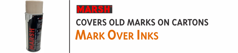 Marsh Mark Over Ink covers up prints made on cartons, refreshing them for re-use. Available in Aerosol Spray Ink or W-15 gallon of ink that is applied like paint.